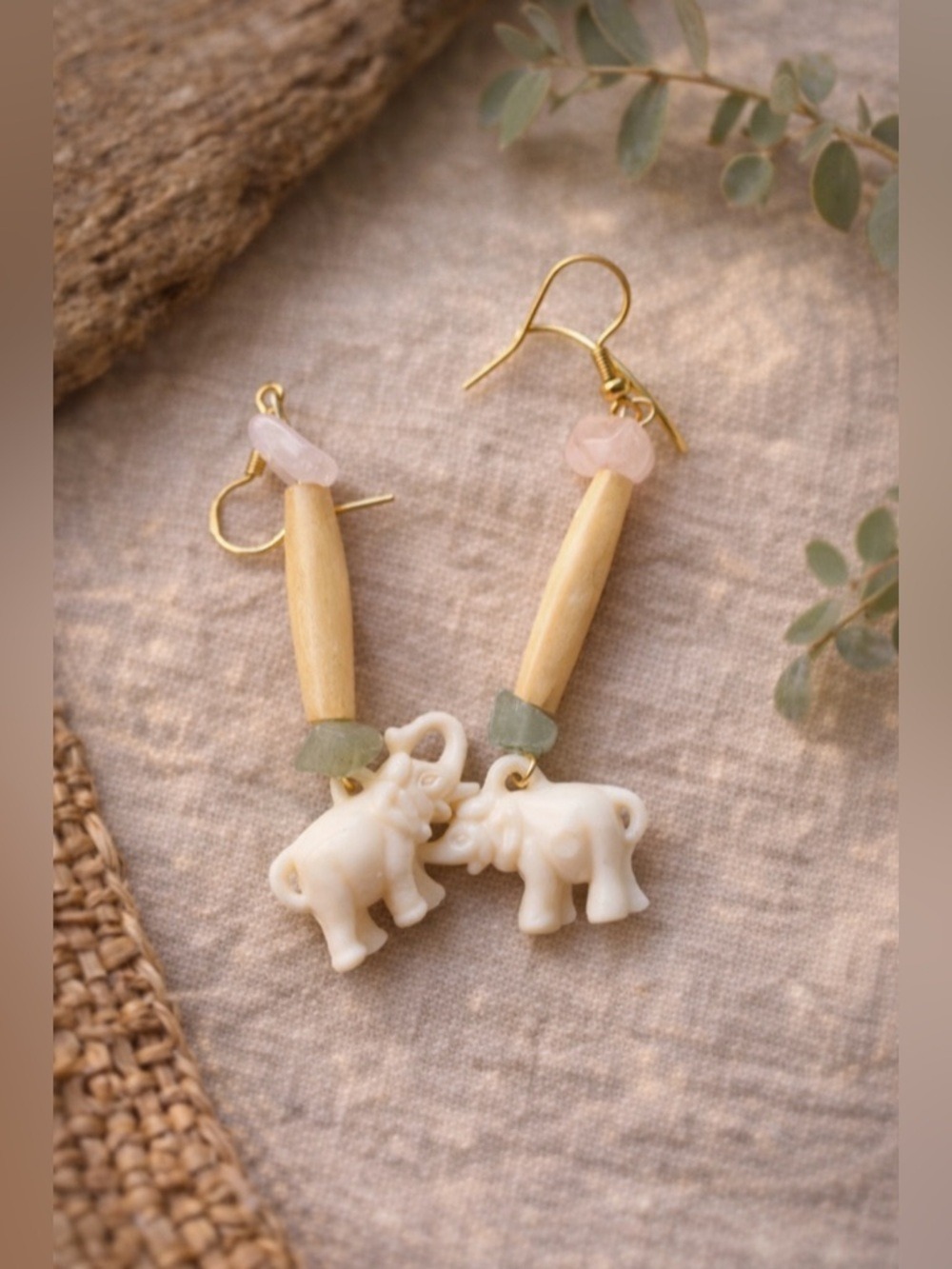 ARTISAN Bone Carved Elephant Earrings • Rose Quartz & Aventurine • Boho Talisman